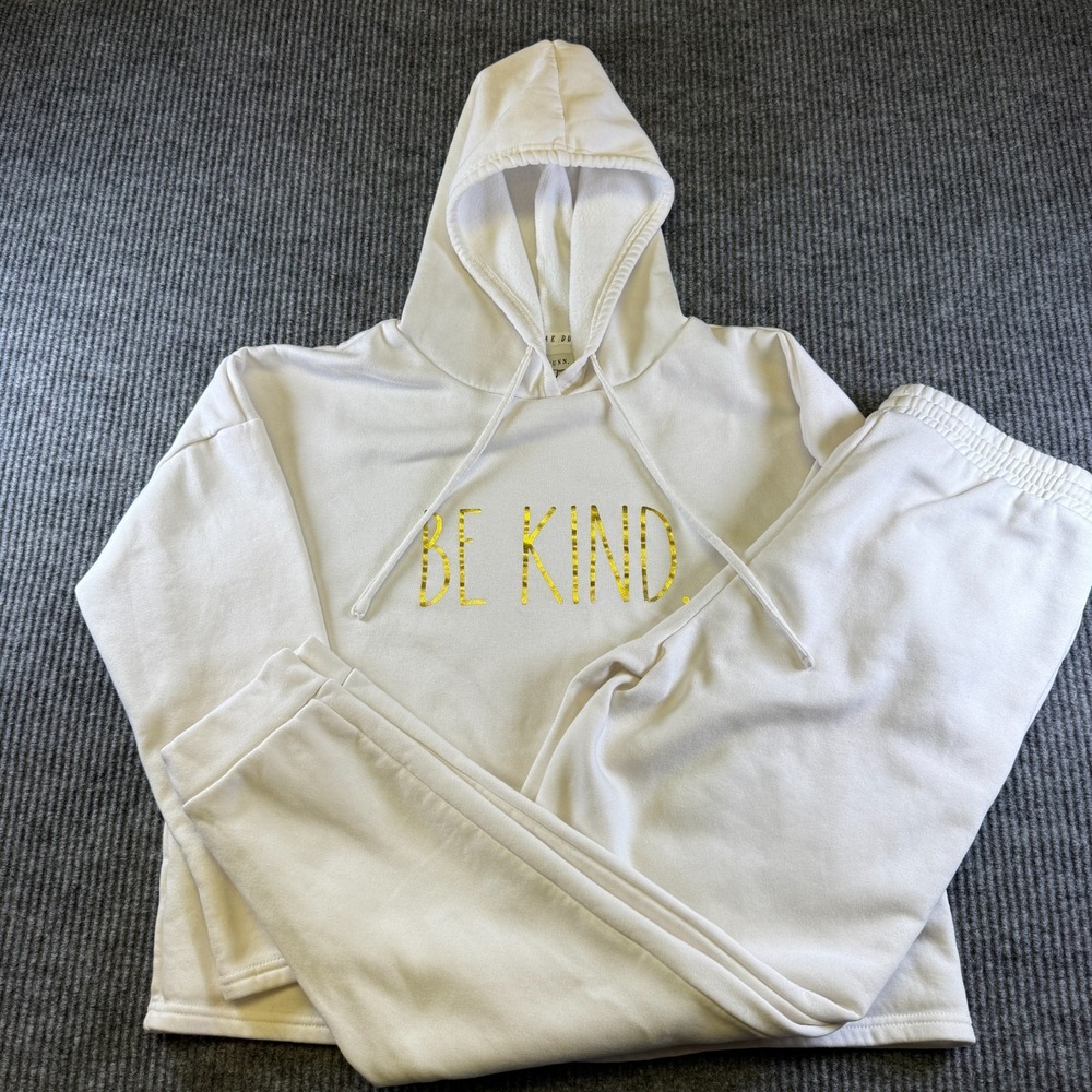 Rae Dunn Womens L Beige Hoodie Jogger Set Be Kind Graphic Polyester Rayon